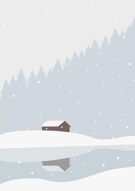 Winter landscape house in wild forest illustration poster