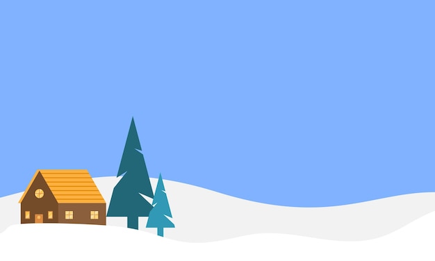 Winter landscape illustration with pine trees, clouds, and house. Winter wallpaper with flat style.