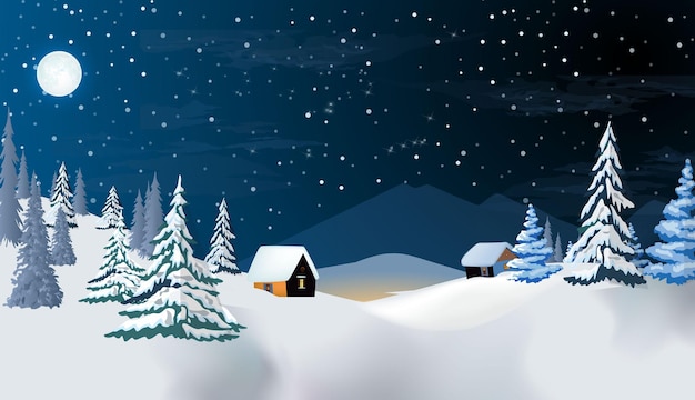 A winter landscape at night with beautiful cottages and trees vector