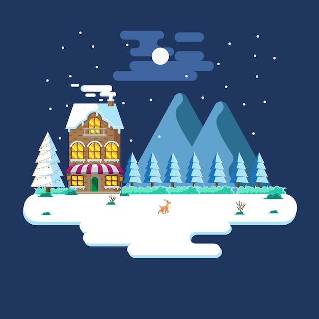 Vector winter landscape in the night with flat design illustration