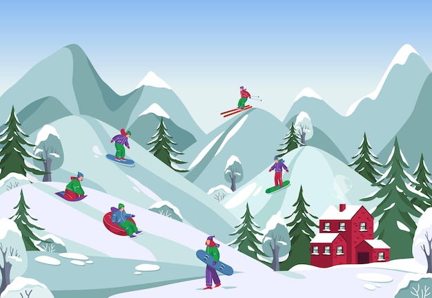 Winter landscape or panorama of ski resort banner