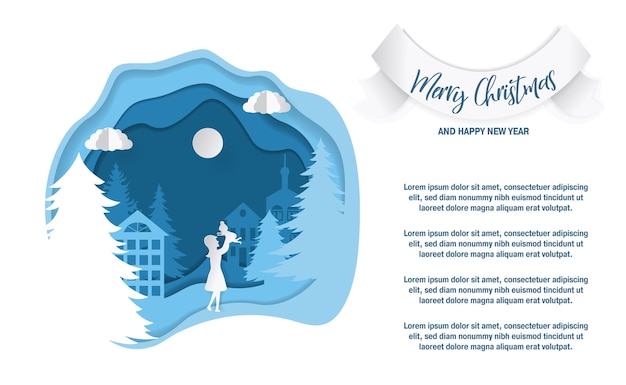 Vector winter landscape in paper style mountains trees and houses layered cut out paper postcard vector