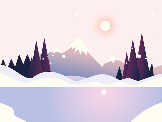 Vector winter landscape peak mountain pine forest and lake illustration