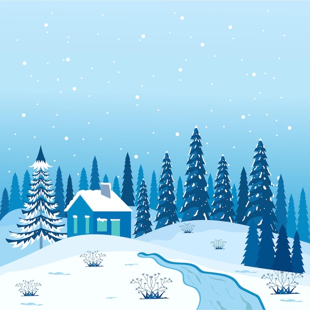Вектор Зимний пейзаж плакат с заснеженными деревьями и горами в плоском стиле