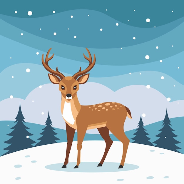 Winter landscape reindeer in winter forest Holiday illustration Wildlife illustration