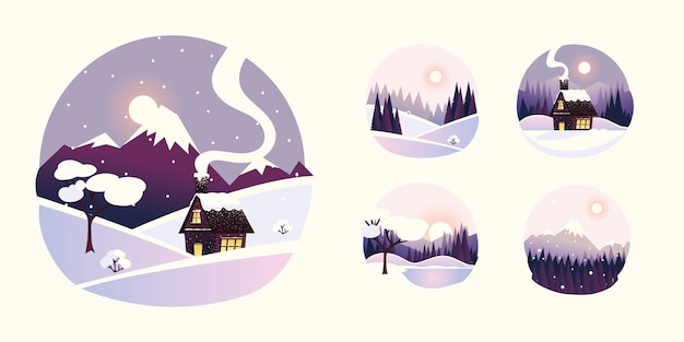 Icone rotonde di paesaggio di paesaggio invernale, illustrazione della foresta di pini delle montagne del cottage
