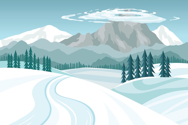 Vector winter landscape snowy mountains on a blue sky with clouds