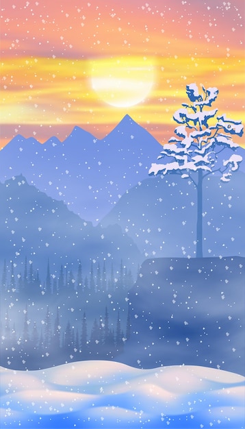 Vector winter landscape sunset forest vertical banner