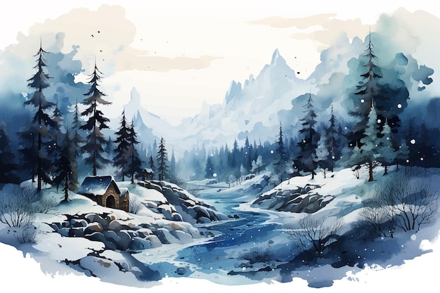 Vector winter landscape watercolor illustration