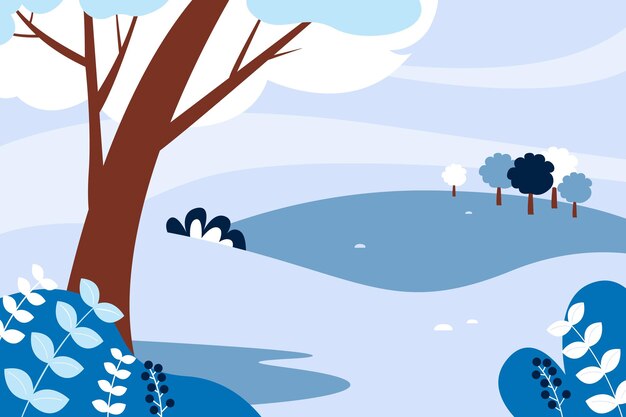 Winter landscape with a beautiful view, trees in the snow, clouds, mountains. Vector illustration.