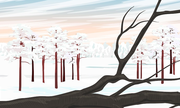 Vector winter landscape with a branch in the snow and a pine forest on the horizon