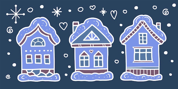 Vector winter landscape with country houses and snowflakes snowy buildings  christmas night