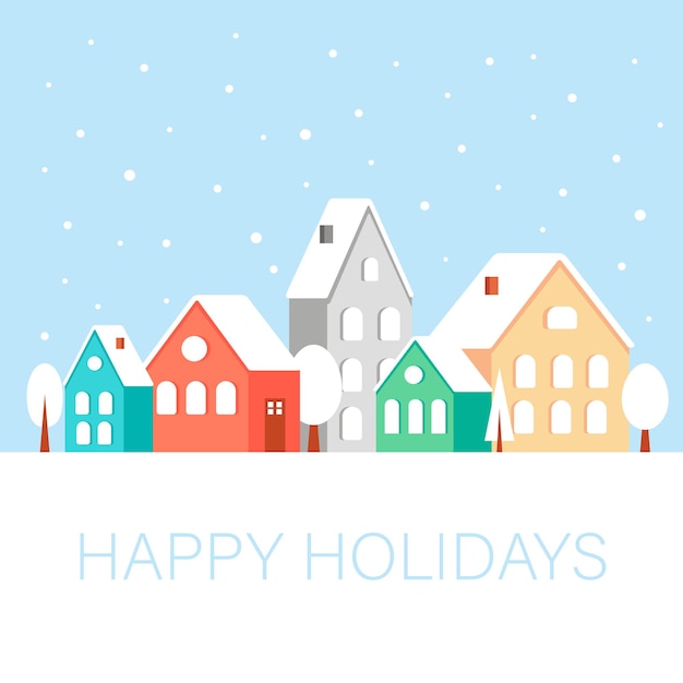 かわいい家と雪が降る冬の風景クリスマス カード テンプレート ベクトル イラスト