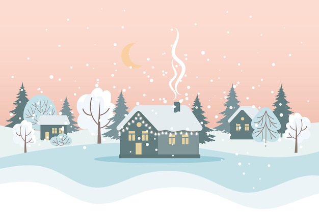 Зимний пейзаж с милыми домами, деревьями и ночным небом с луной. Поздравительная открытка с Рождеством.
