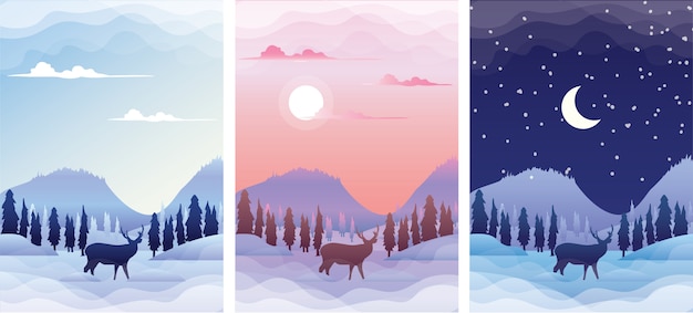 Winter landscape with deer silhouette at sunrise, sunset and night