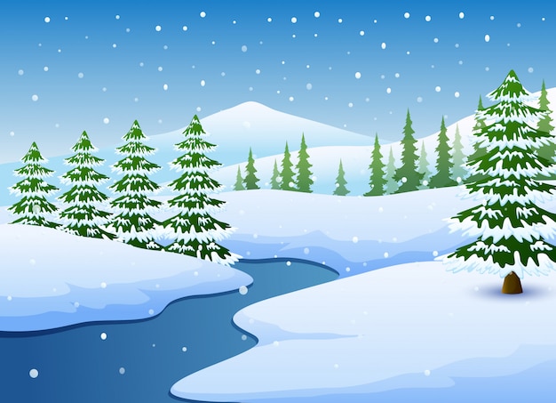 Vector winter landscape with frozen lake and fir trees