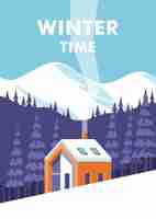 Vector winter landscape with house on a background forest and of mountains concept of vacation and travel