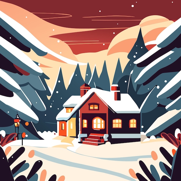 Vector winter landscape with house christmas background