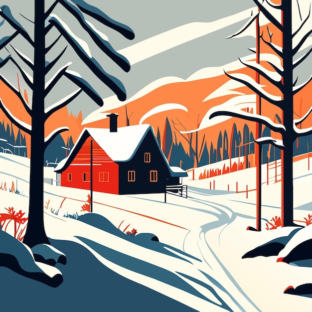 winter landscape with house and pine tree