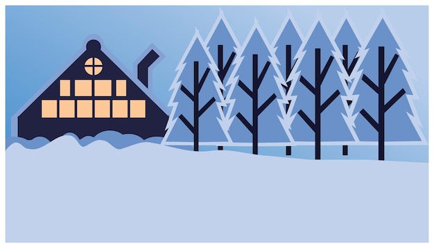 Winter landscape with house trees and snow Vector illustration in flat style EPS10