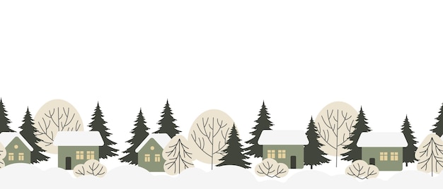 Winter landscape with houses in the snow fir trees and trees Seamless border pattern for text