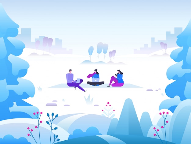 Vector winter landscape with people