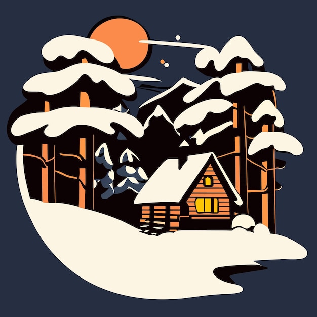 Вектор Зимний пейзаж с соснами и горами в ночной векторной иллюстрации