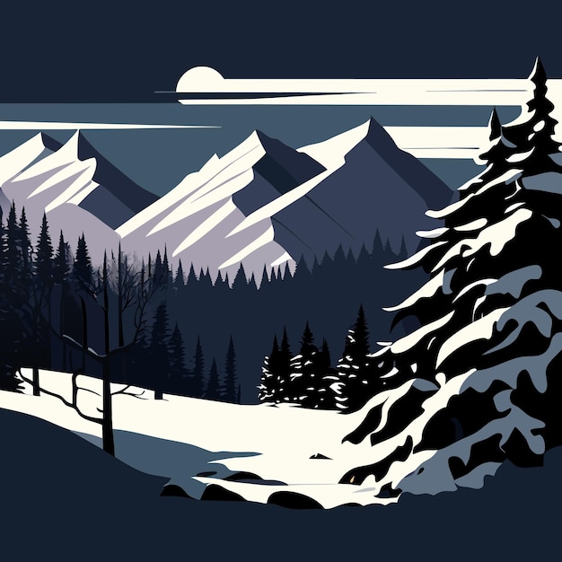 winter landscape with pine trees and mountain in the night vector illustration