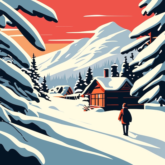 winter landscape with pine trees and mountain in the night vector illustration