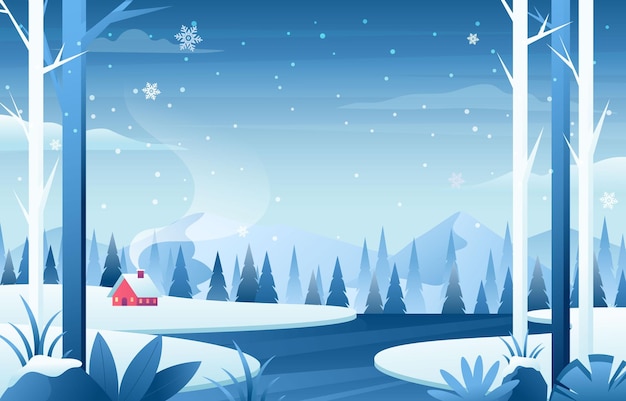 winter landscape with a red house and snow covered trees
