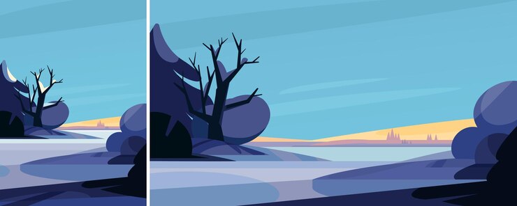 Vector winter landscape with river