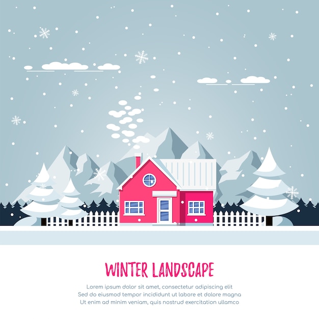 Vector winter landscape with rural house