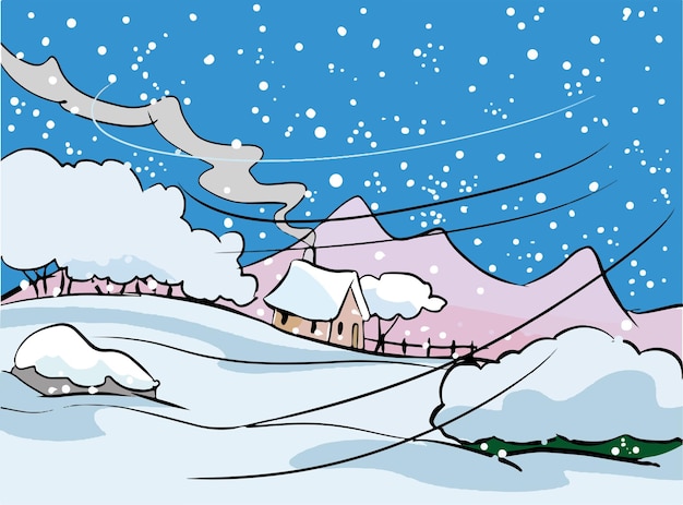 小さな集落漫画ベクトルと冬の風景