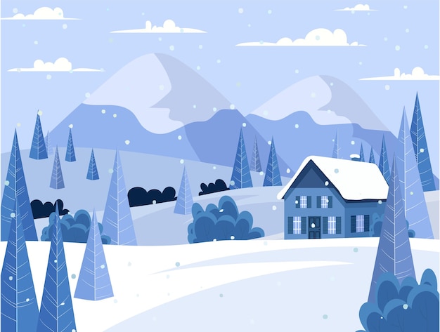winter landscape with snow-covered house and mountains