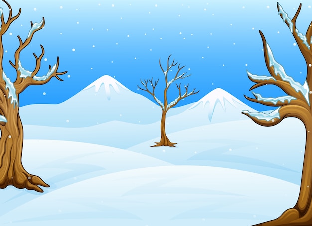 雪の丘と山がある冬の風景