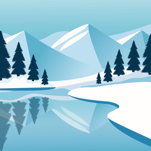 Premium Vector | Winter landscape with snowcapped mountains and river