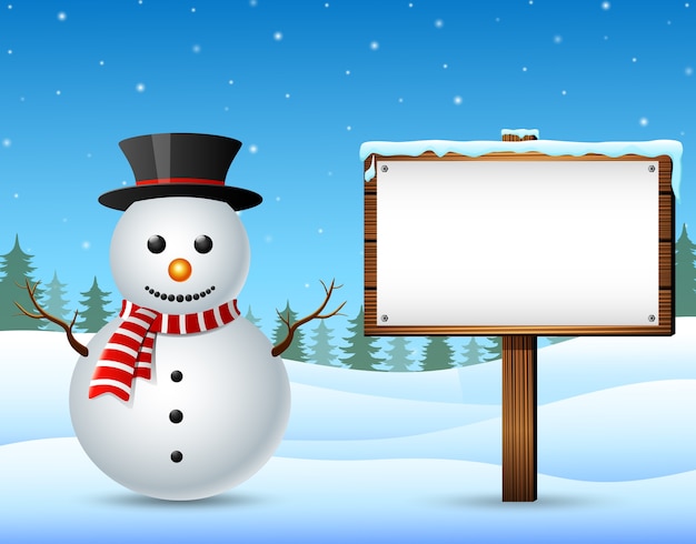 Winter landscape with snowman and wooden sign