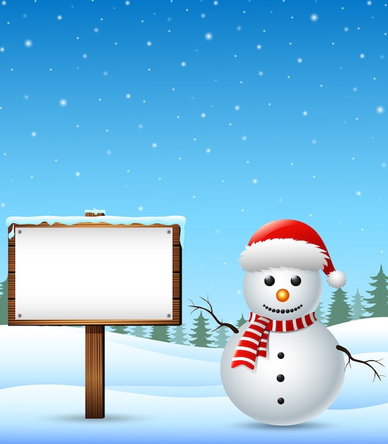 Vector winter landscape with snowman and wooden sign