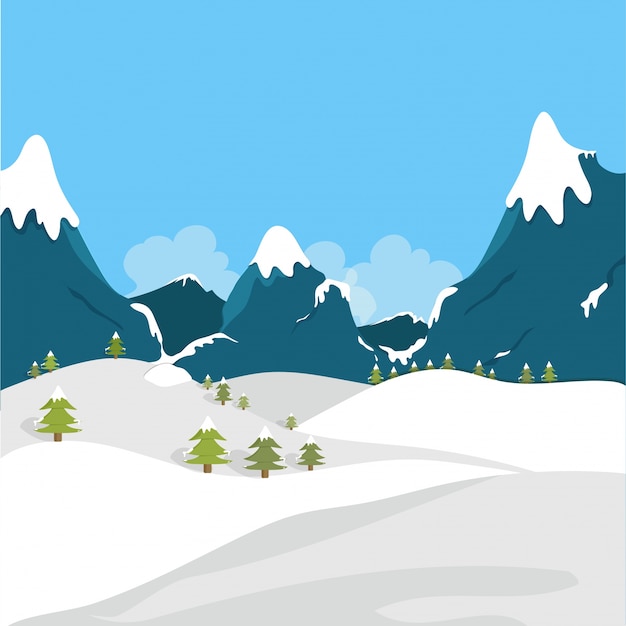 Vector winter landscape with snowy field and mountains.