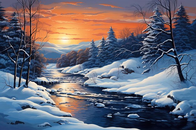 Вектор Зимний пейзаж с рекой оригинальная масляная картина