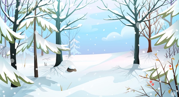 ベクトル 木々や松の木、雪に覆われた森、クリスマスの雪の吹きだまり、霜のリアルな水平方向のイラストと冬の風景。ベクトル冬の自然のポスターのデザイン。