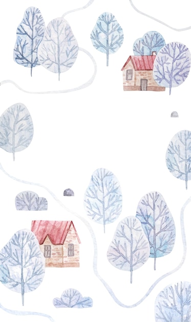 Paesaggio invernale con alberi nella neve e case in illustrazione ad acquerello in stile scandinavo