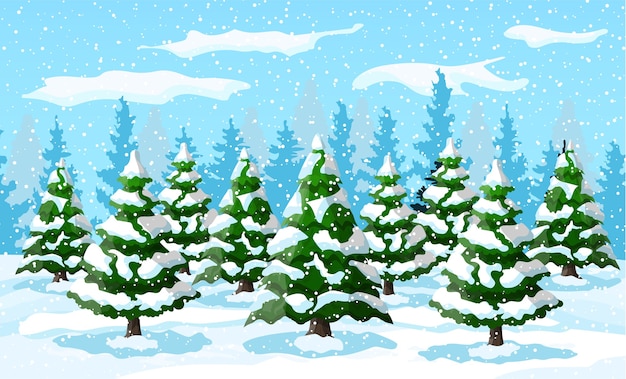 벡터 눈 언덕에 하얀 소나무와 겨울 풍경. 전나무 나무 숲과 눈이 크리스마스 풍경입니다. 새해 복 많이 받으세요. 새해 크리스마스 휴가.