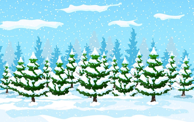 Vector winter landscape with white pine trees on snow hill