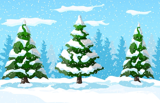 Vettore paesaggio invernale con alberi di pino bianco sulla collina di neve