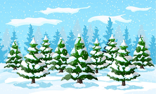 Vector winter landscape with white pine trees on snow hill