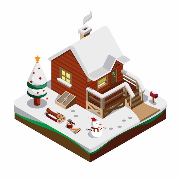 木造住宅の雪に覆われたトウヒと冬の美化等尺性組成には、すべての装飾クリスマス雪だるまイラストが含まれています