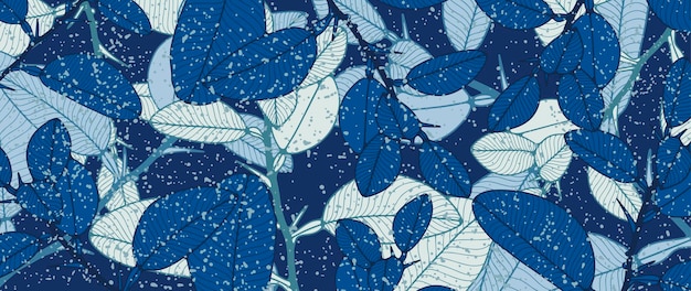 Winter light blue botanical background with branches and leaves and snow