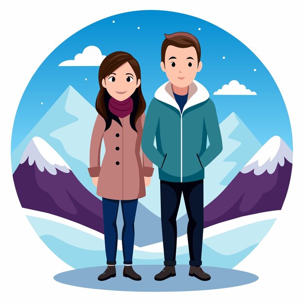 Winter lovely couple adventure clothing snow Christmas hand drawn cartoon character sticker