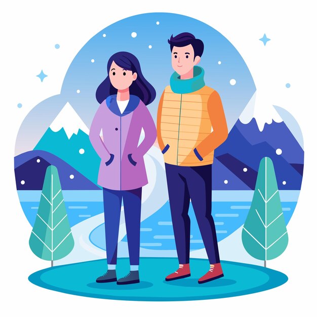 Vector winter lovely couple adventure clothing snow christmas hand drawn cartoon character sticker